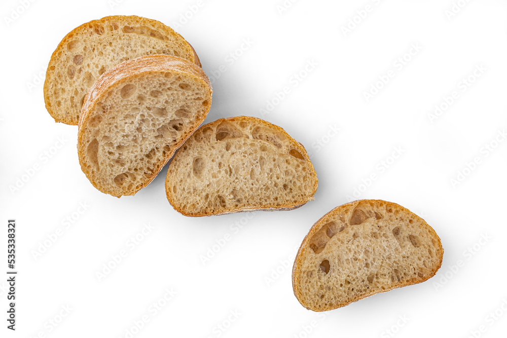 pieces of bread isolated on white background, top view