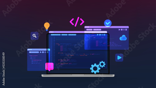 Concept of computer programming or developing software or game. Vector 3d illustration with coding symbols and programming windows. Concept of Information technologies and computer engineering. photo