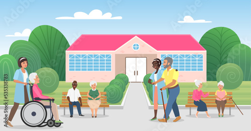 Sanatorium, nursing home for elderly patients vector illustration. Cartoon nurse carrying old disabled woman in wheelchair, senior people sitting on benches in park near hospital building background