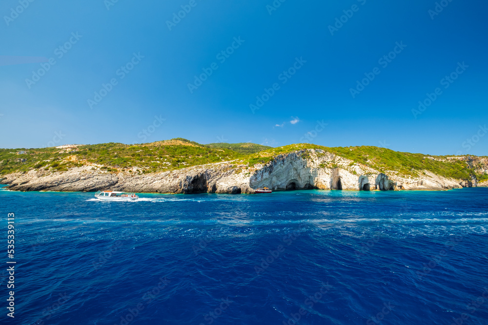 Famous blue caves on Zakynthos island beautiful turquoise Ionian sea