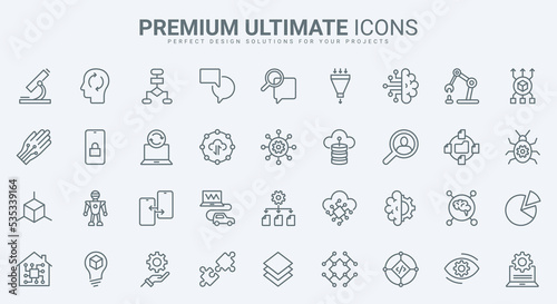 AI thin line icons set vector illustration. Abstract outline digital brain of bot and automatic machine learning, science future technology and automation network process, electronic smart tech system