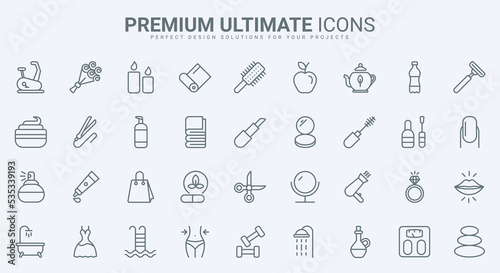 Beauty cosmetics and skin care thin line icons set vector illustration. Outline makeup and natural herbal lotion and cream, healthy massage and candle spa relax for body health, salon therapy