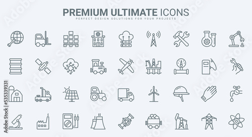 Industry thin line icons set vector illustration. Outline factory buildings and worker, gas and oil, energy and power production and resources, robot equipment and pipeline of manufacturing enterprise