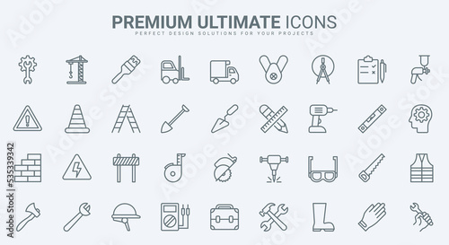 Mechanic tools and industry equipment thin line icons set vector illustration. Outline instruments from workers toolbox to measure and repair, fix toolkit for work, construction technology symbols