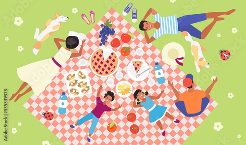 Family picnic, top view vector illustration. Cartoon happy mother and father, kids and dog lying on tablecloth blanket in backyard or green grass of summer park, people eating picnic food background