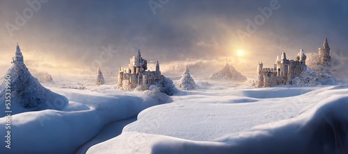 Fantastic landscape on a winter night. Ancient stone castle in the snow. 3D render. Raster illustration.