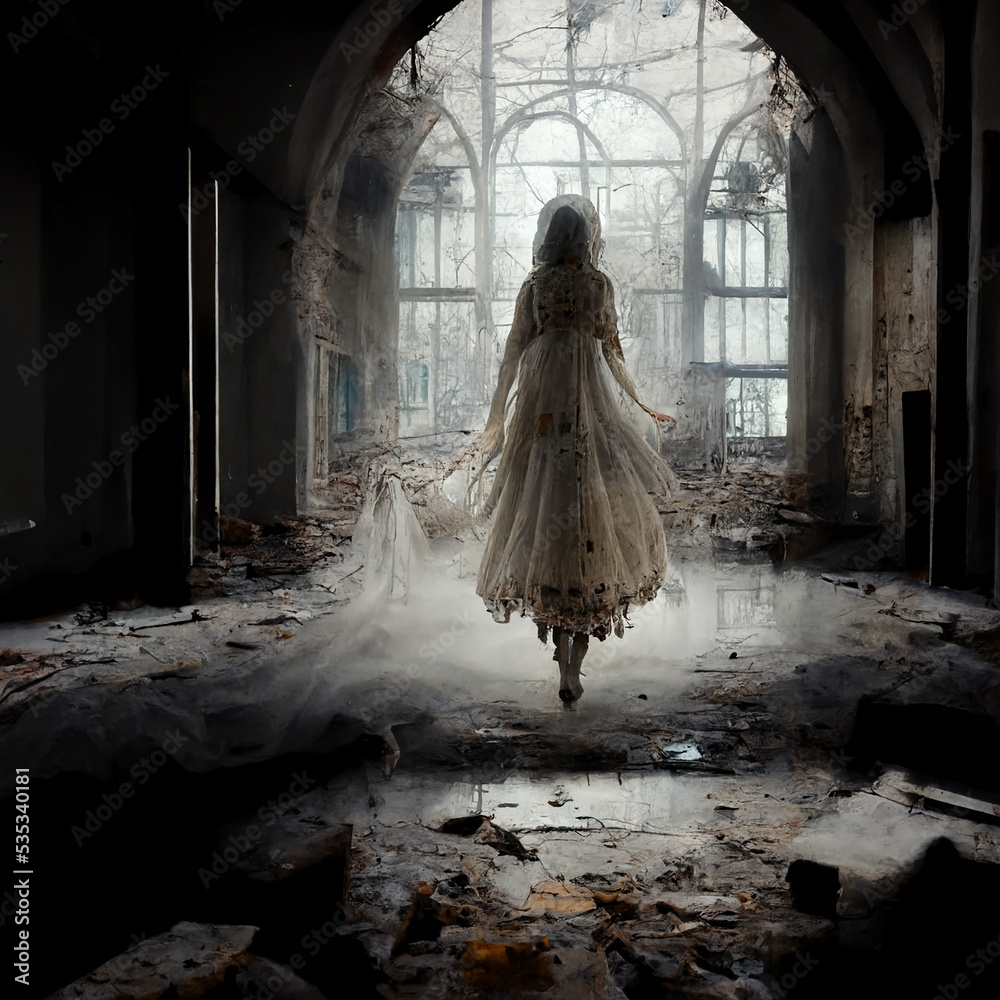 ghost of a woman in white dress in abandoned building horror Halloween