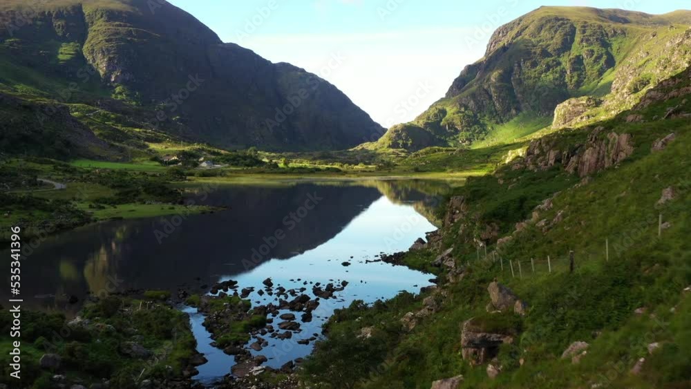 Cinematic video over Gap of Dunloe, Killarney, Ring of Kerry, Ireland 
