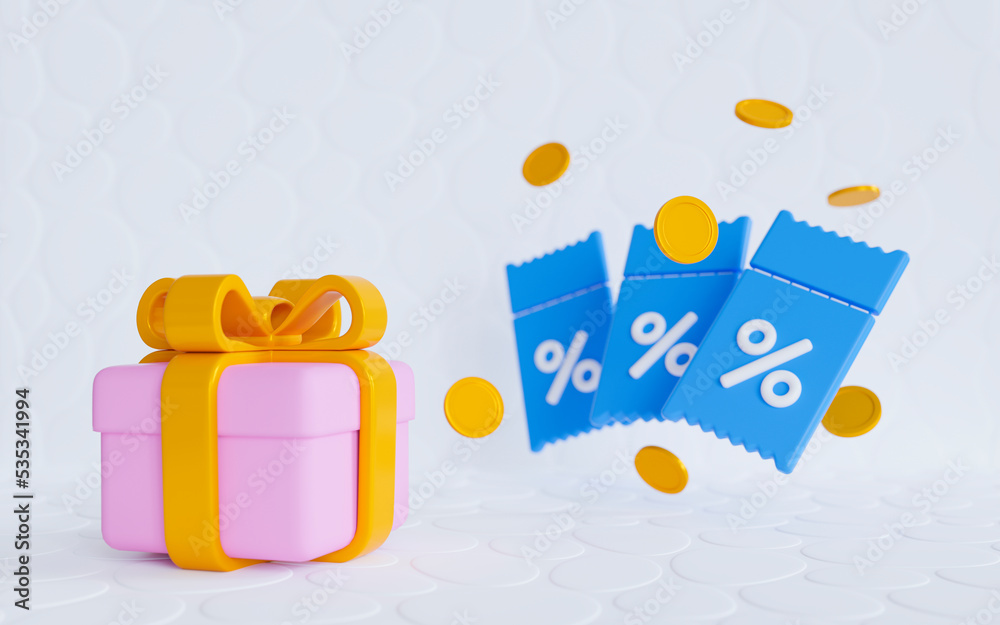 3d pink gift box and blue flying coupons with discounts and gold coins on white tiles background. Voucher gift. A ticket with a percentage discount. 3d rendering illustration. 3d pink gift box and blue flying coupons with discounts and gold coins on white tiles background. Voucher gift. A ticket with a percentage discount. 3d rendering illustration.
