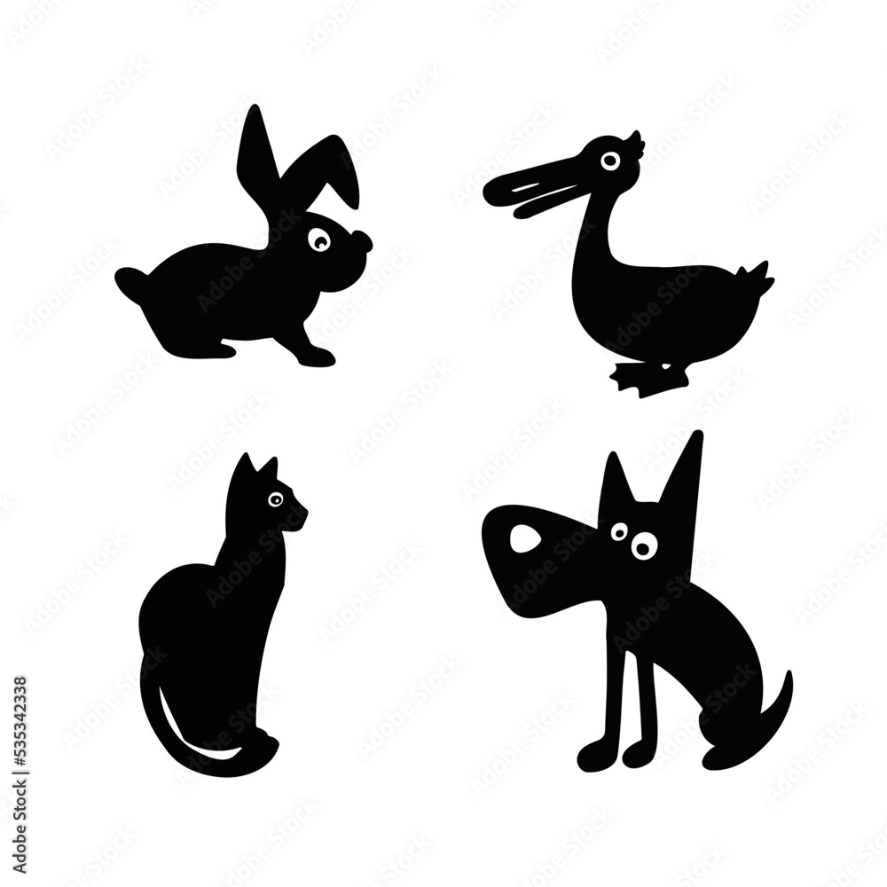 cartoon silhouette set of domestic and farm animals vector illustration