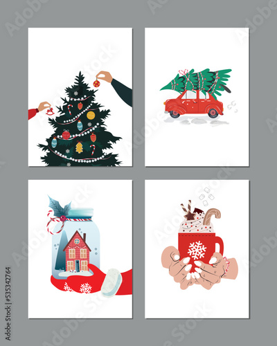 Set of New Year's cards. On a white background. A red car with a Christmas tree, a New Year's drink in their hands, a cozy jar with a house, people decorate the Christmas tree.