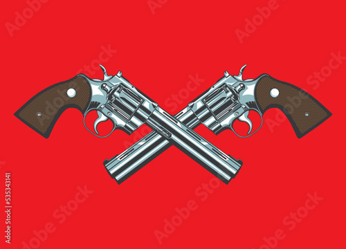 Vector illustration of two Сolt magnum revolvers symbolically crossing like a coat of arms on a red isolated background