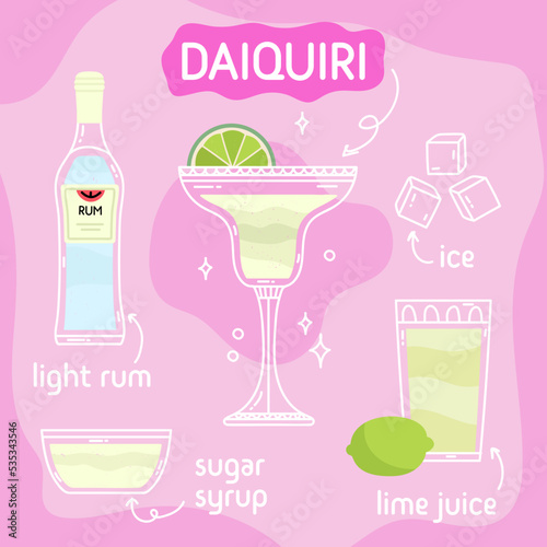 Daiquiri cocktail in glass with ice. Classic summer aperitif recipe square card. Minimal poster with alcoholic beverage. Vector bright illustration.Wall decoration  prints  menu design.