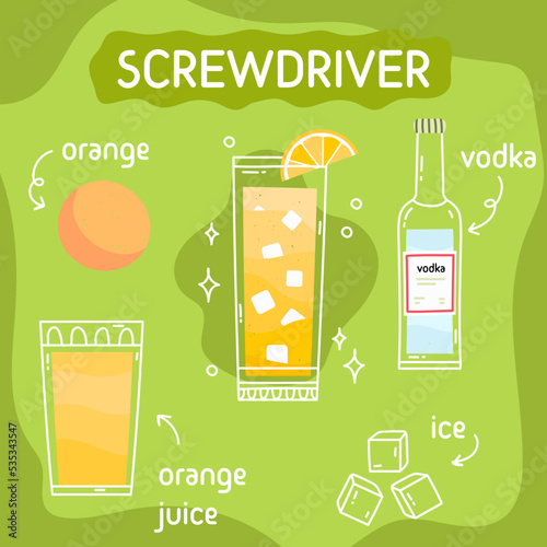 Screwdriver cocktail in glass with ice and mint. Classic summer aperitif recipe square card. Minimal poster with alcoholic beverage. Vector bright illustration.Wall decoration, prints, menu design.