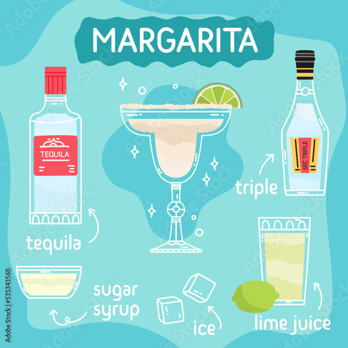 Margarita cocktail in glass with ice and mint. Classic summer aperitif recipe square card. Minimal poster with alcoholic beverage. Vector bright illustration.Wall decoration, prints, menu design.