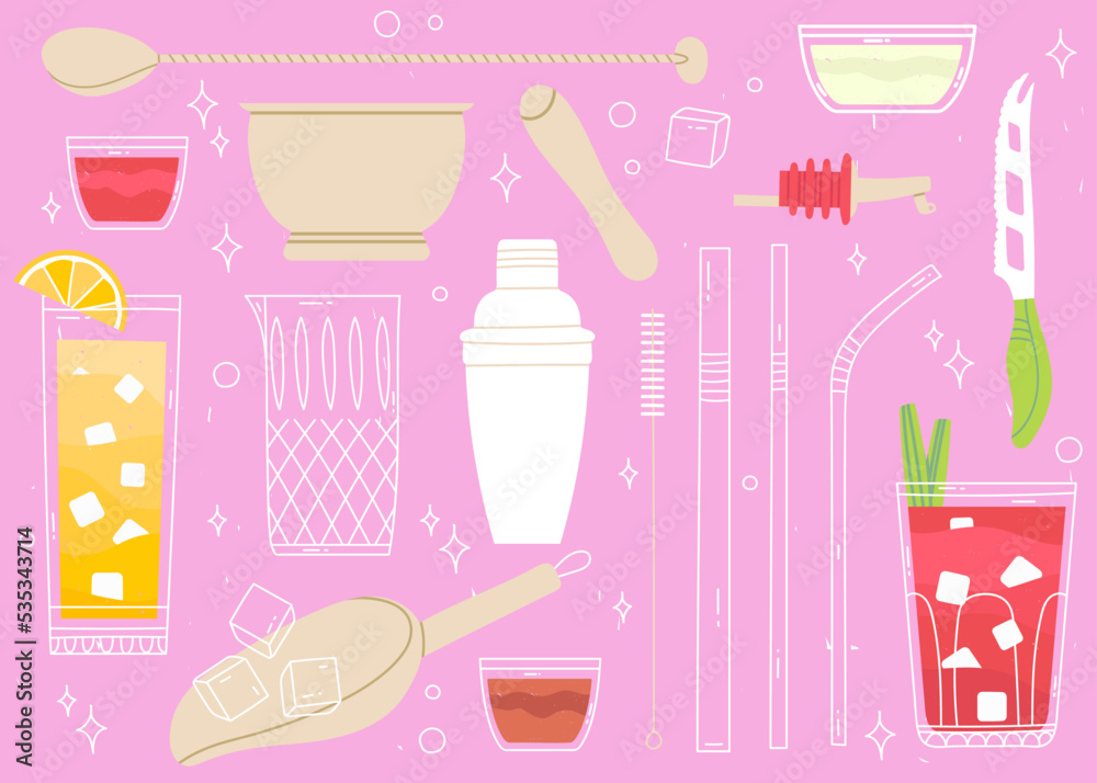 Bartending Equipment set. Hand drawn vector bright illustration. Barman bartender equipment background with set of isolated kitchenware for cookery with ice cocktail ingredients vector illustration Bartending Equipment set. Hand drawn vector bright illustration. Barman bartender equipment background with set of isolated kitchenware for cookery with ice cocktail ingredients vector illustration