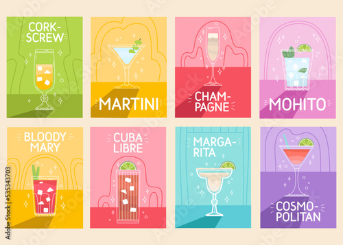 Cocktail collection in glass with ice. Classic summer alcohol drinks illustration square cards. Minimal poster with alcoholic beverages. Vector bright illustration.Wall decoration, prints, poster