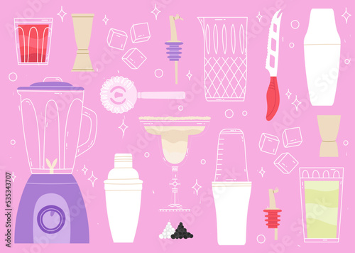 Bartending Equipment set. Hand drawn vector bright illustration. Barman bartender equipment background with set of isolated kitchenware for cookery with ice cocktail ingredients vector illustration