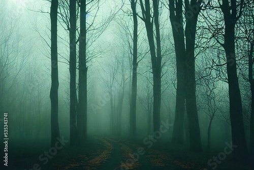 A spooky country path next to a forest and fields in the English countryside on a foggy winters day. With a grunge  artistic  edit