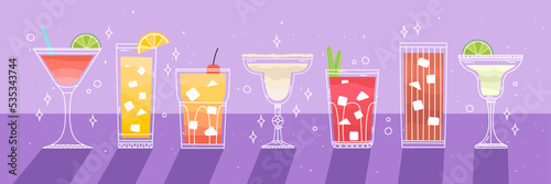 Different cocktails on the table. Illustration with alcoholic beverage. Vector bright hand draw illustration.Wall decoration, prints, menu design. Bloody Mary, Cuba libre, Mohito, Tequila Sunrise