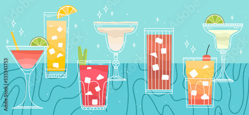 Different cocktails on the table. Illustration with alcoholic beverage. Vector bright hand draw illustration.Wall decoration, prints, menu design. Bloody Mary, Cuba libre, Mohito, Tequila Sunrise