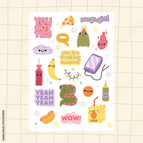 Hand drawn Vector illustrations of Set of Various patches, quotes, elements or stickers with abstract funny cute comic characters for organizer and diaries. Stickers for daily planner and scheduler.