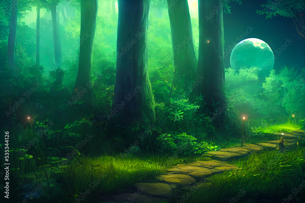 anime game art background, a lush fantasy forest with a path to another world, abstract digital illustration, created with generative ai
