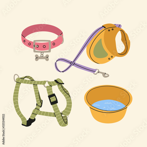 Dog bright hand draw walking kit- leash, collar, harnesses, bowl isolated on white. Vet store concept. Pet stuff set for shop or salon for domestic animals vector illustration