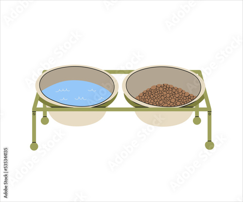 Dog dry food and water bowl. Flat style illustration isolated on white background.Vector, cartoon illustration. Two bowls on a stand