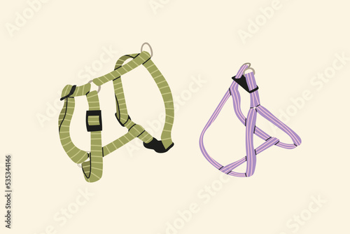 Adjustable dog harnesses. Accessory for pet animals cartoon vector illustration isolated on white background. Cute bright different harnesses.