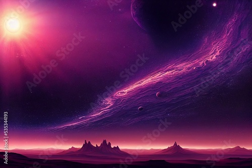 Mars purple space landscape with large planets on purple starry sky  meteors and mountains. Nature on another planet with a huge planet on the horizon