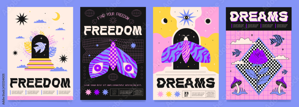 A set of fancy textured posters in collage style.