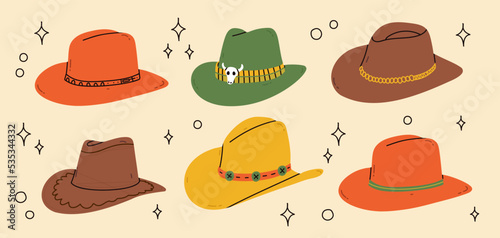 Cowboy western theme wild west concept.Hand drawn colorful vector set. Elements are isolated.Differents Ranch hats. Hand drawn colored flat vector illustration.