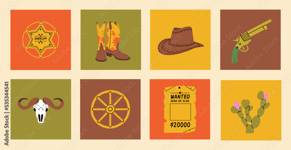 Wild West Hand Draw Icons. Collection In Square. Vector Illustration. Boots; cactus; skull; gun; cowboy hat; horseshoe; sheriff badge star. Cowboy western theme; wild west concept. 