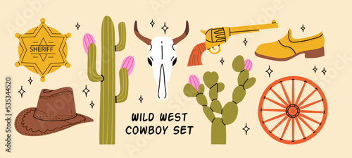 Cowboy western theme; wild west concept in violet and pink. Various objects. Boots; cactus; skull; gun; cowboy hat; sheriff badge star. Hand drawn colorful vector set. Elements are insolated