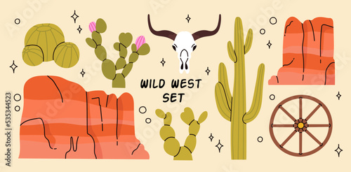 Cowboy western theme; wild west concept in violet and pink. Various objects. Cactus; skull; mountains; wooden wheel. Hand drawn colorful vector set. Elements are insolated