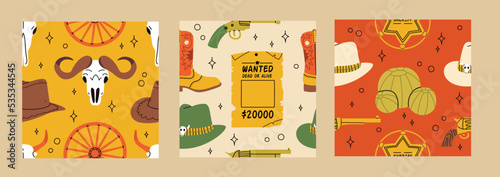 Set of 3 Wild west seamless patterns. Cowgirl western patterns with various cartoon objects in bright colors. Cactus, guns, hats, sheriff badge .Cowboy western, wild west concept. 