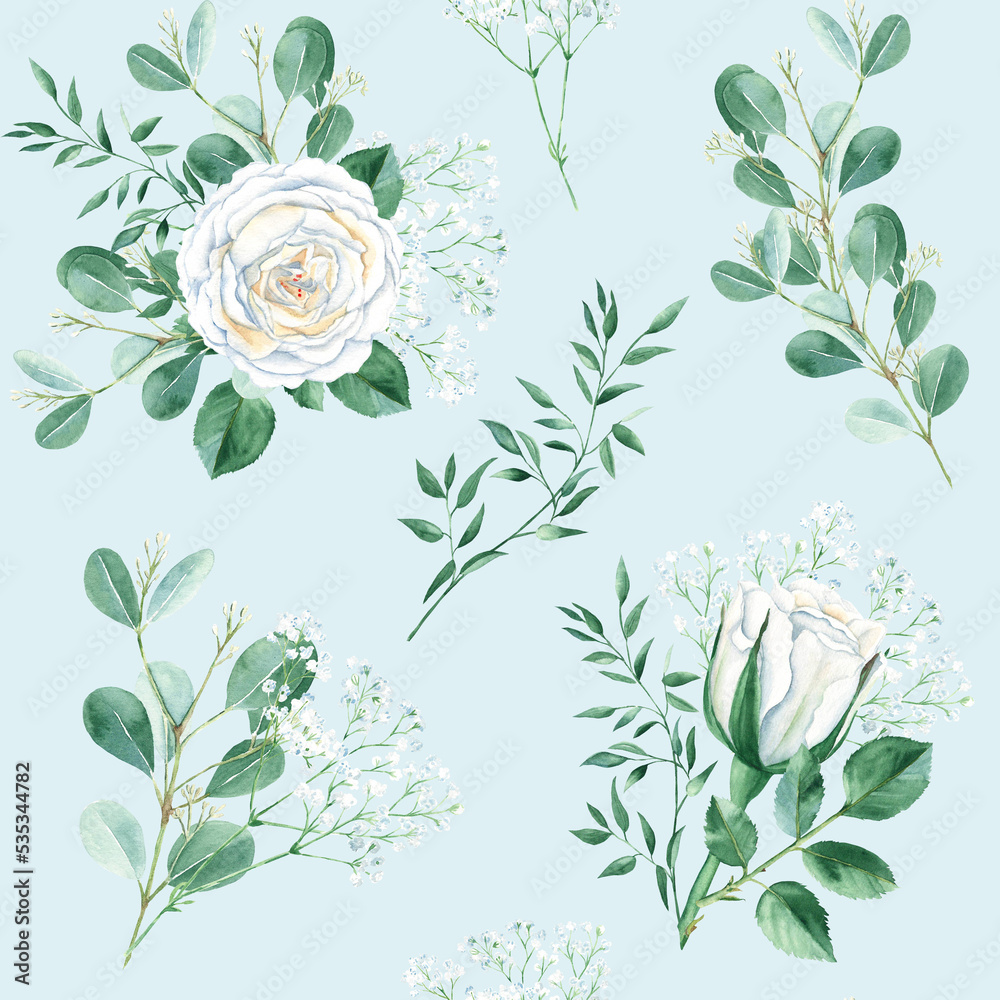 Fototapeta premium Seamless pattern with white roses, gypsophila, eucalyptus and pistachio branches on blue background. Watercolor illustration. Can be used for wedding prints, gift wrapping paper, backgrounds for