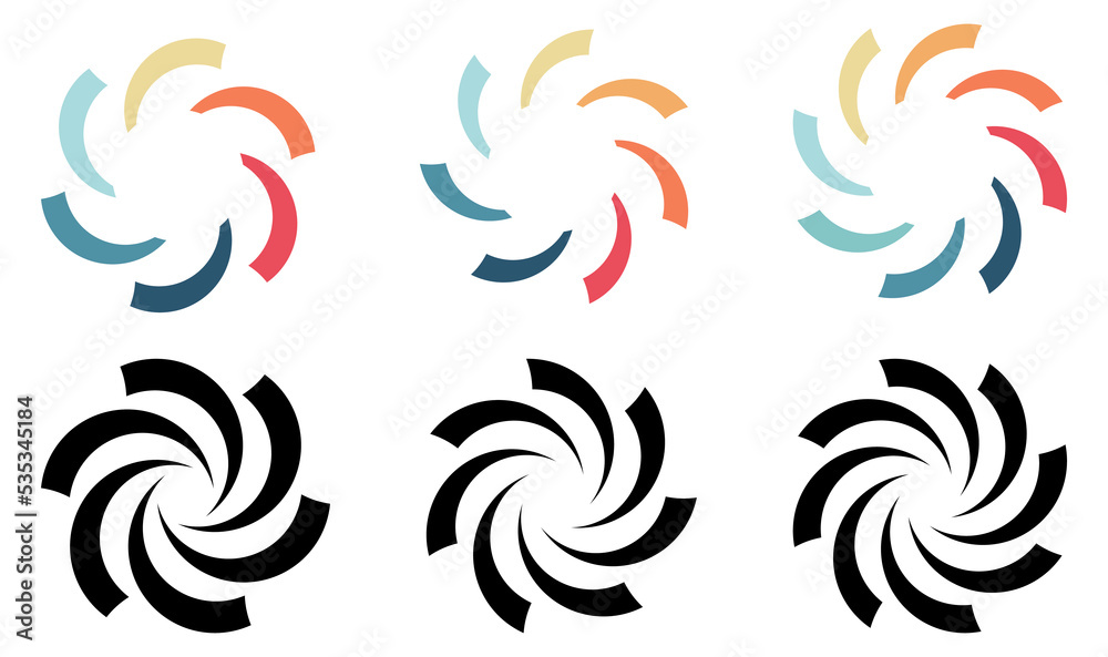 Circle arc cuts arranged in larger round, forming whirlpool swirl or fan blades like symbol,  version with six to eight elements