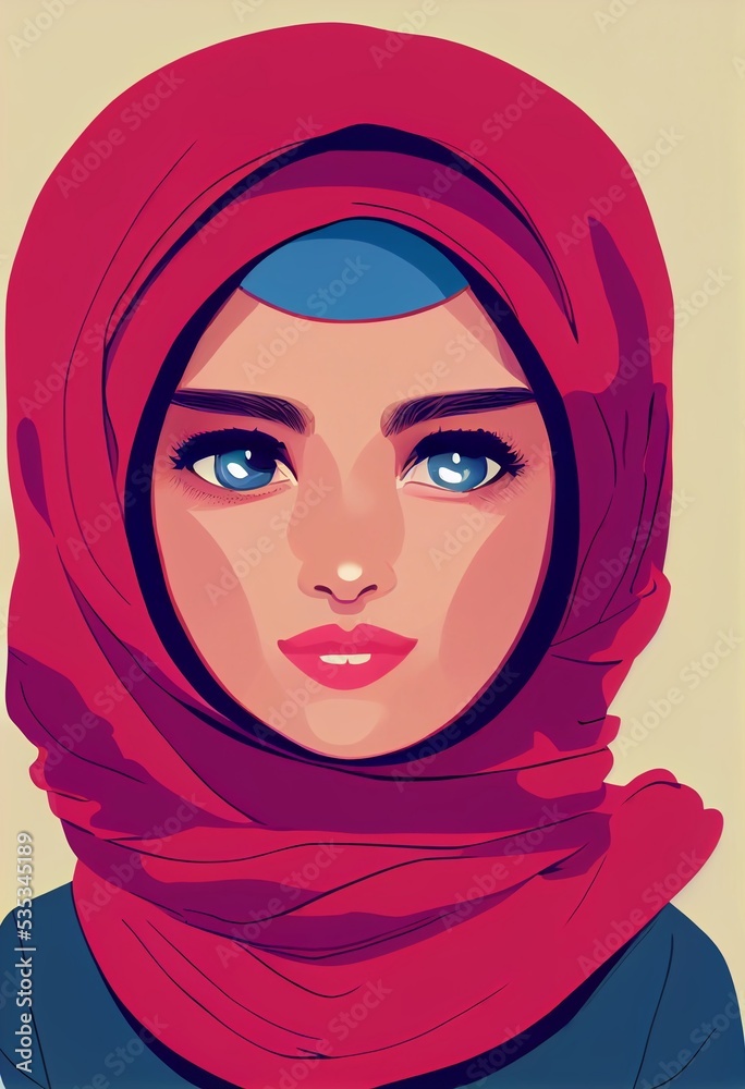 Colourful cartoon woman with hijab, headscarf 