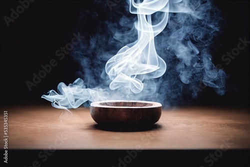 Empty wooden bowl with ascending smoke, useable as mock up. 