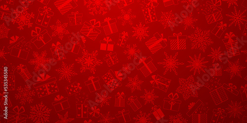Background made of complex Christmas snowflakes and gift boxes with different patterns, in red colors