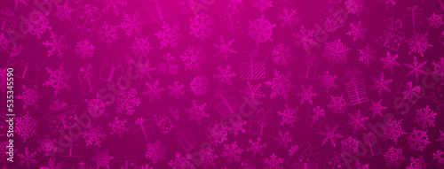 Background made of complex Christmas snowflakes and gift boxes with different patterns, in purple colors