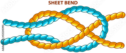 Sheet bend isolated on white. Binding and fastening unit for permanent bracing. Modification of straight knot where first loop makes two turns. Node is tied under tension. Twisted brown tape