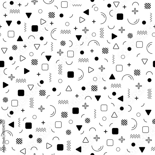 Seamless pattern with black geometric retro elements in Memphis style on white background. Isolated geometric shapes. Black and white texture for cover, packaging, banner. Stock vector illustration.