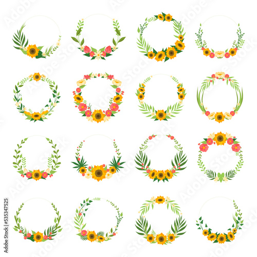 Floral Wreath with Yellow Sunflower Head and Leaves Big Vector Set