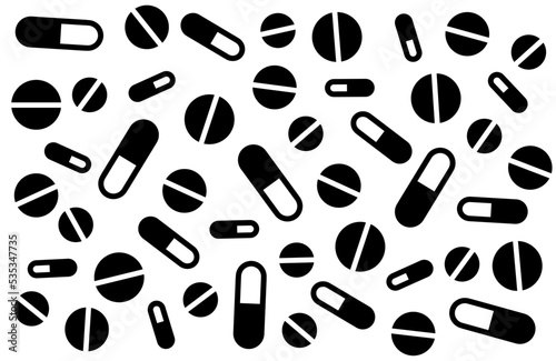Medicines and pills icons. Antibiotics, vitamins and capsules of various shapes. Medical background template. Concept of pharmaceuticals, medicines, pharmacy. Isolated black silhouette. Vector 