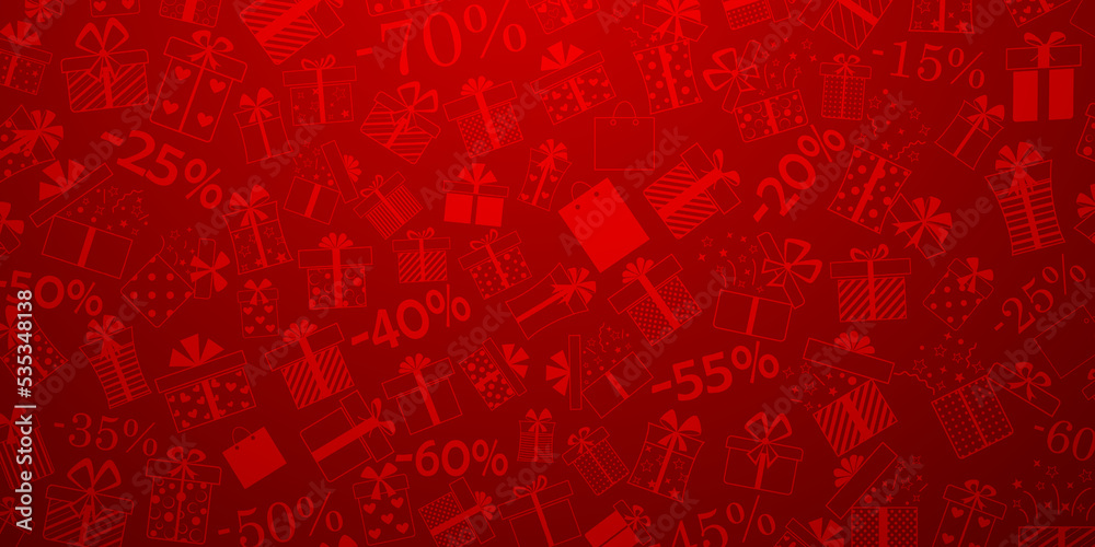 Background of gift boxes with bows and different patterns, and discount percentages, in red colors