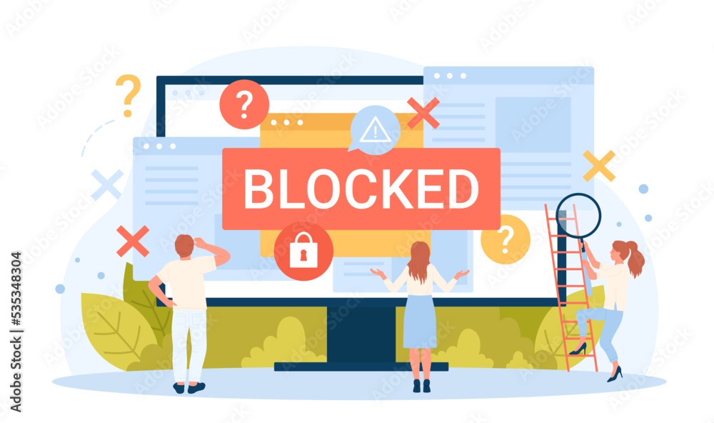 Ransomware attack and cyber protection for user account vector illustration. Cartoon blocked content for tiny people with alert message and padlock on computer monitor, access to files closed