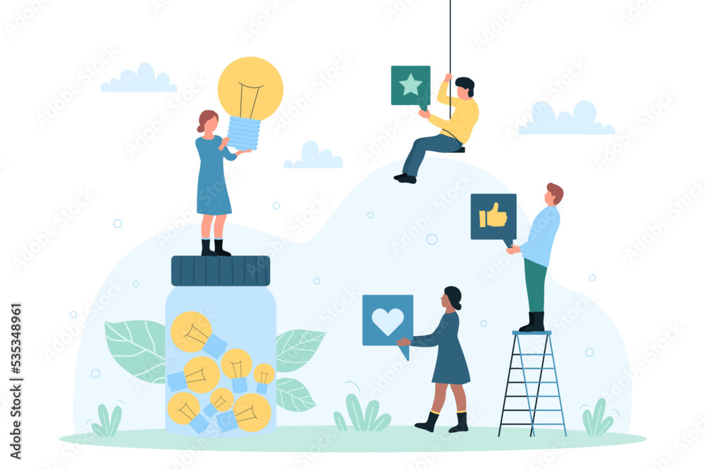 Customers feedback, assessment on recommend innovation ideas vector illustration. Cartoon tiny woman standing on jar of light bulbs, holding lamp, characters with heart, thumbs up and star symbols